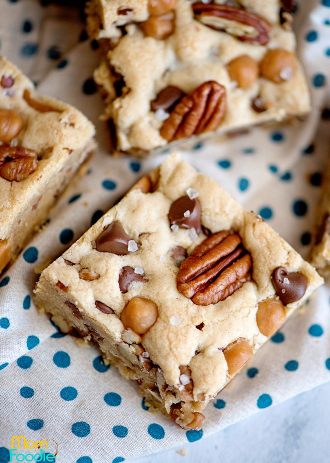 Salted Caramel Cookie Bars with chocolate chips and pecans