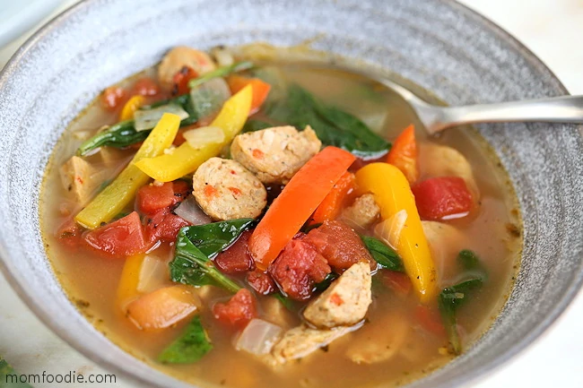 sausage pepper soup in bowl.