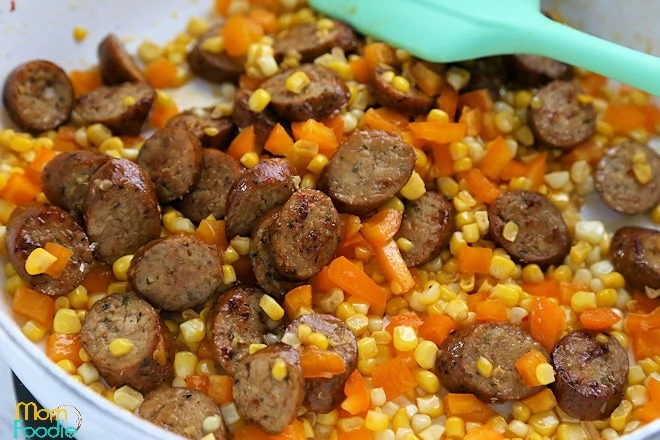 Sausage and peppers with corn