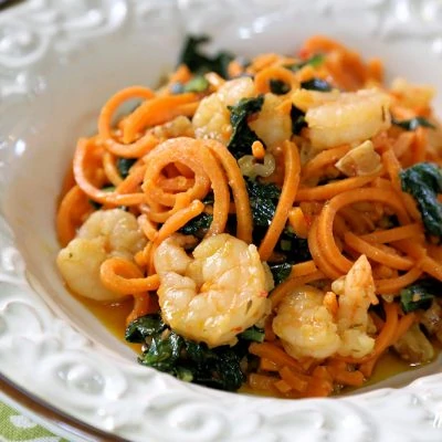 Shrimp & Kale Scampi Sweet Potato Noodles Walnuts