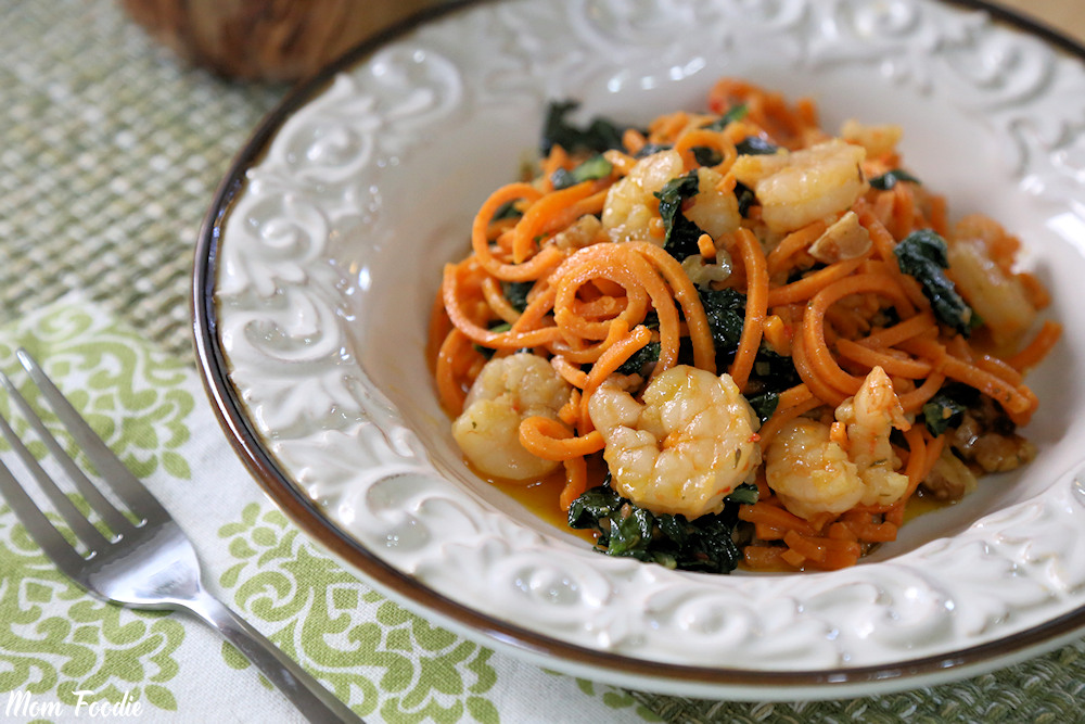 Shrimp Scampi Sweet Potato Noodles with Kale and Walnuts