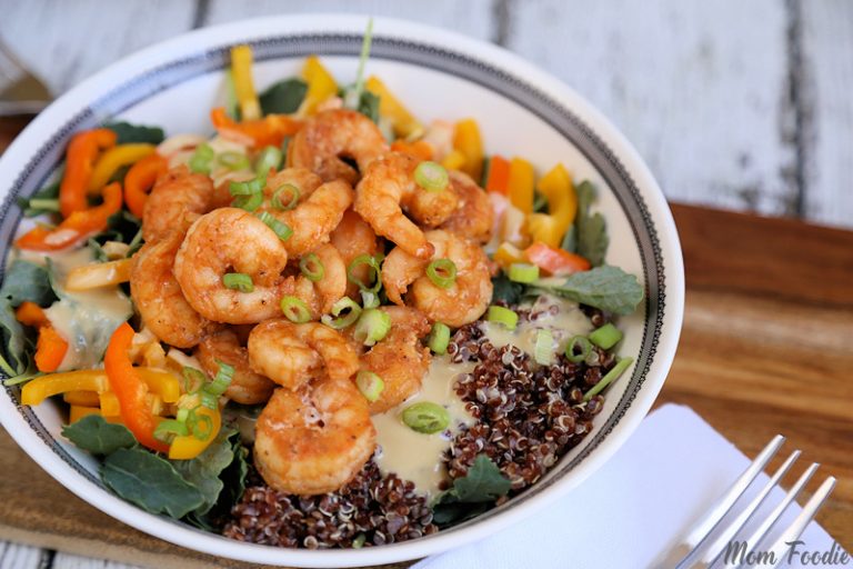 Shrimp Quinoa Bowl with Kale and Hummus Dressing Mom Foodie