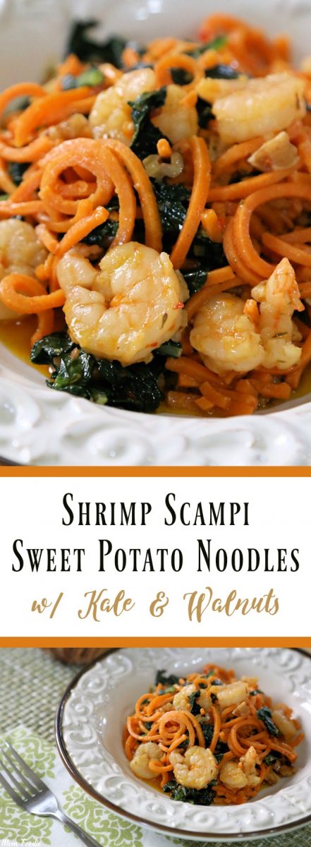 Shrimp Scampi Sweet Potato Noodles with Kale & Walnuts