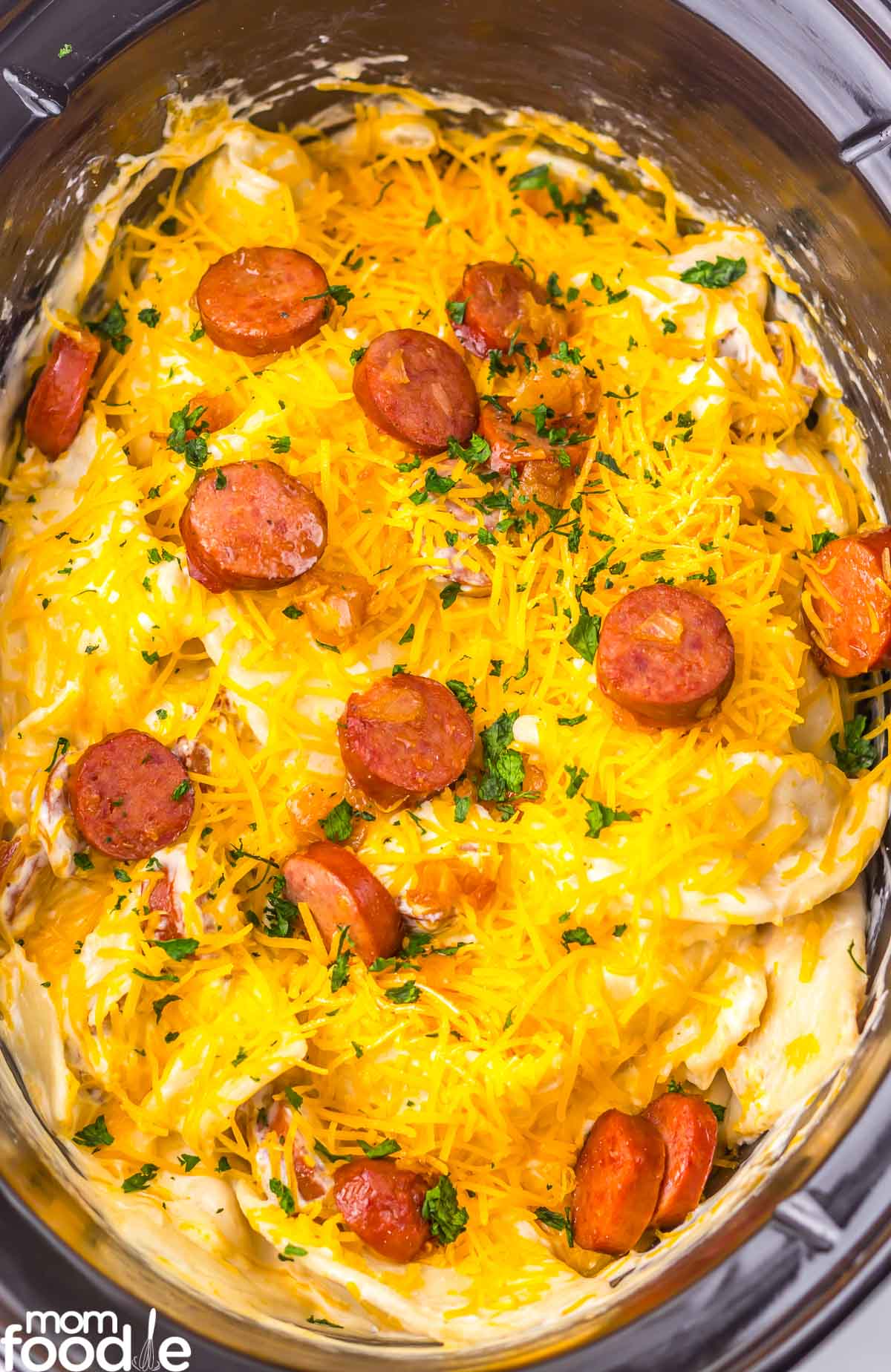 the pierogi and kielbasa casserole topped with cheese