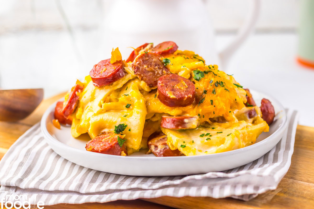 crockpot pierogi and kielbasa casserole on plate
