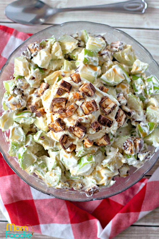 Snicker Salad with candy bar bits in top.