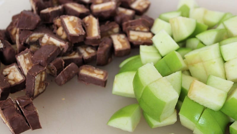 chopping apples and candy bars