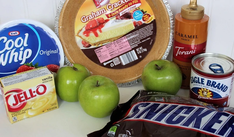 ingredients for Snickers Caramel Apple Pie