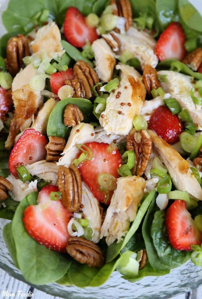 Strawberry Chicken Salad with pecans and Green Tea dressing, close up