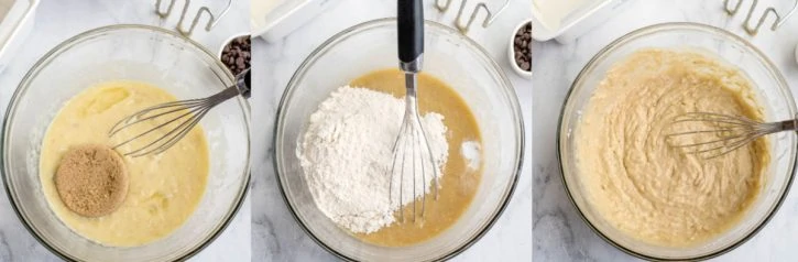 Add sugar and dry ingredients to the banana mixture to create batter.