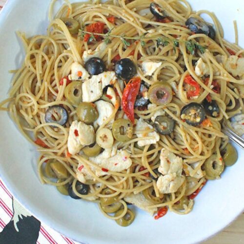 Chicken olive pasta in bowl