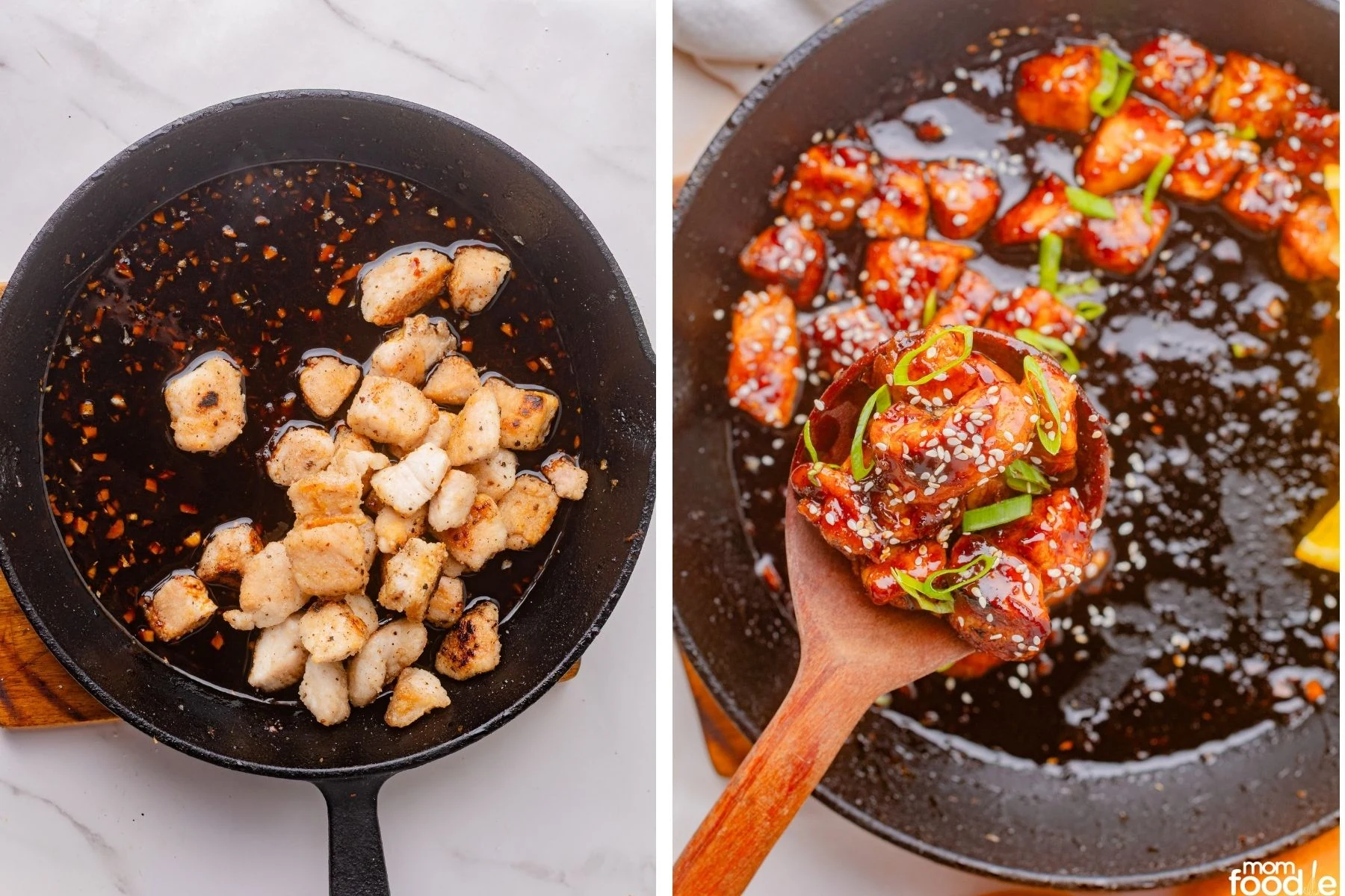 add chicken to orange sauce, then the orange glaze coated chicken is sprinkled with sesame seeds and green onion slices