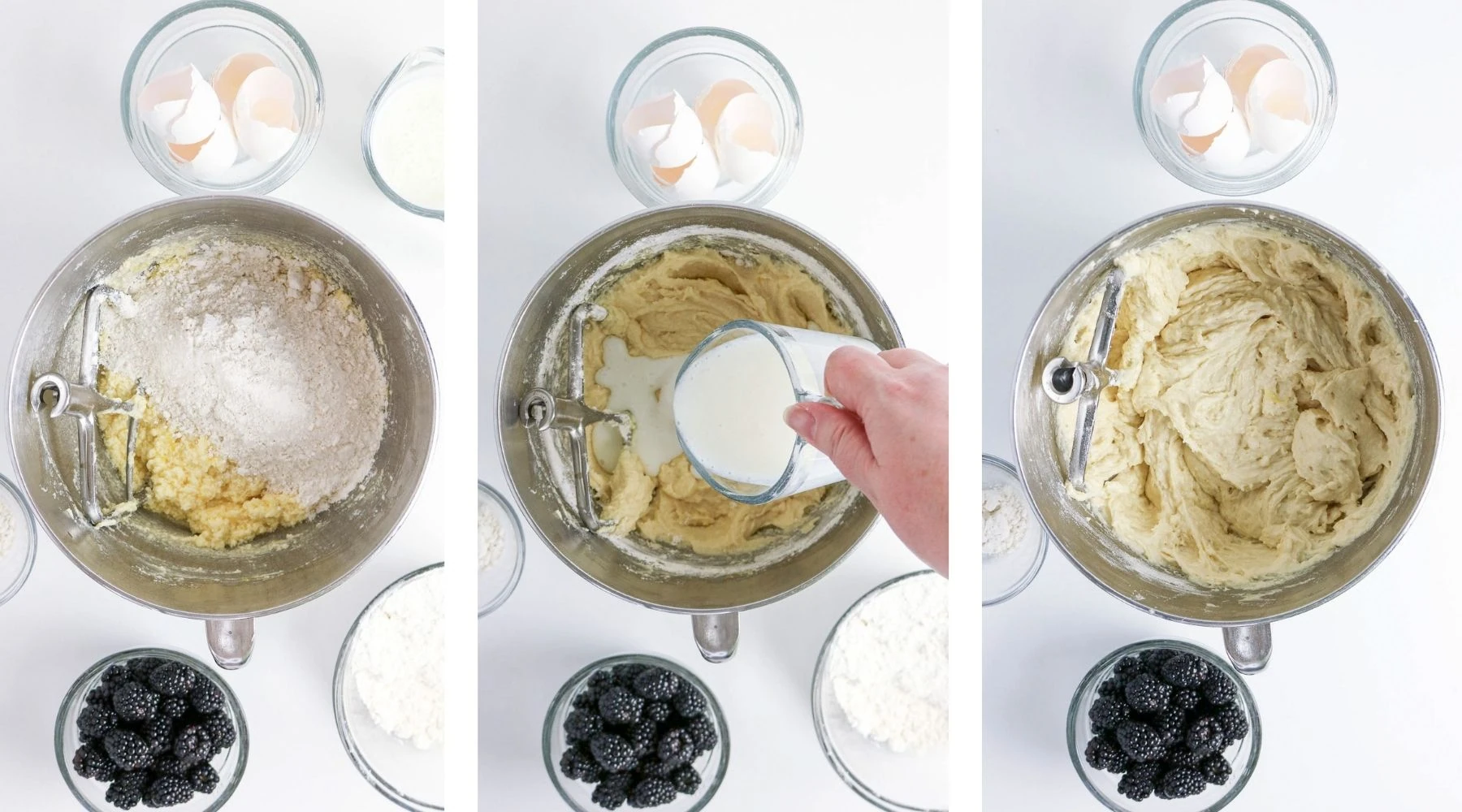 adding dry ingredients and buttermilk to make batter