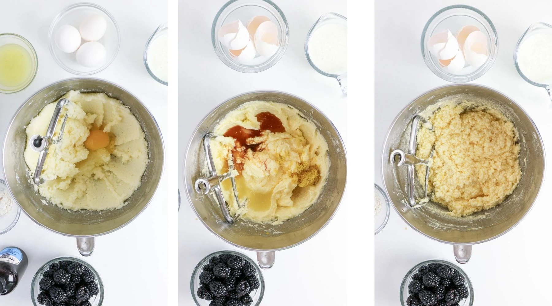 adding eggs, vanilla , lemon zest and juice