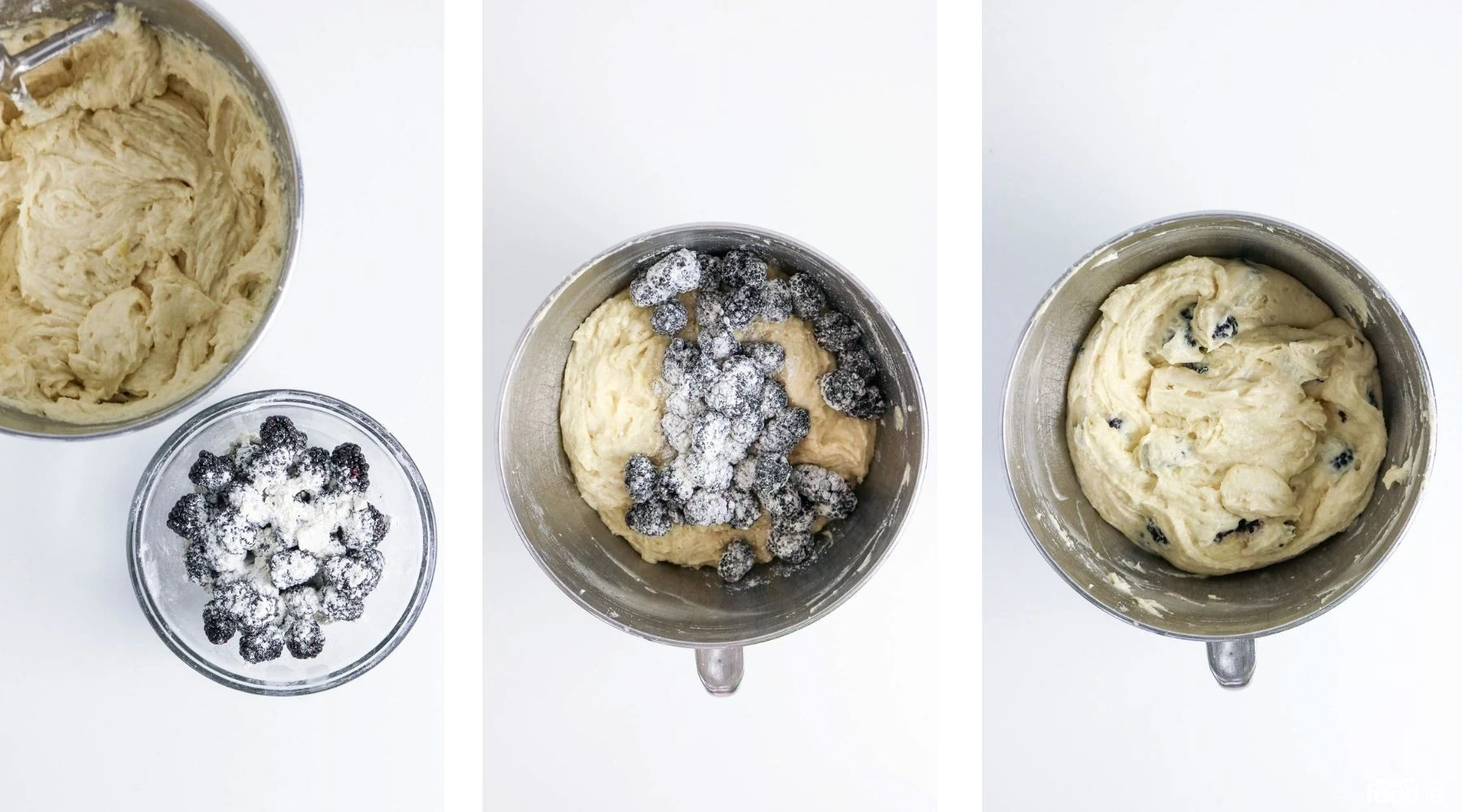 adding floured blackberries to the cake batter