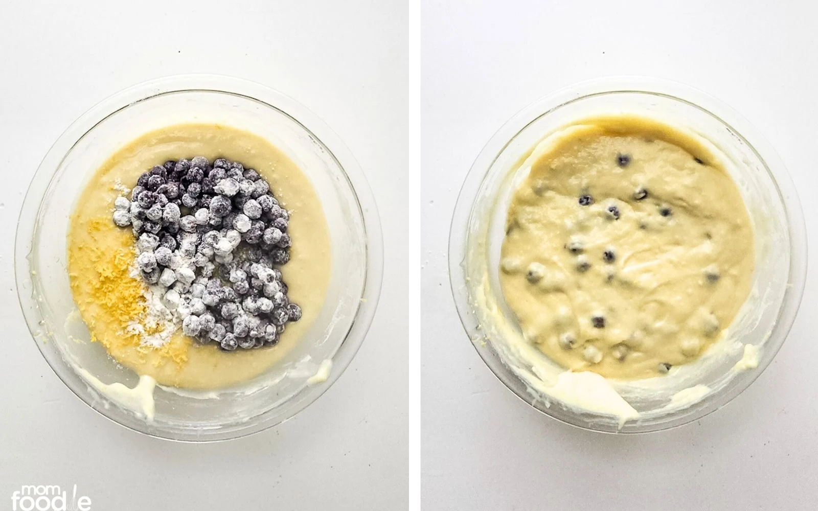folding floured blueberries into the lemon batter