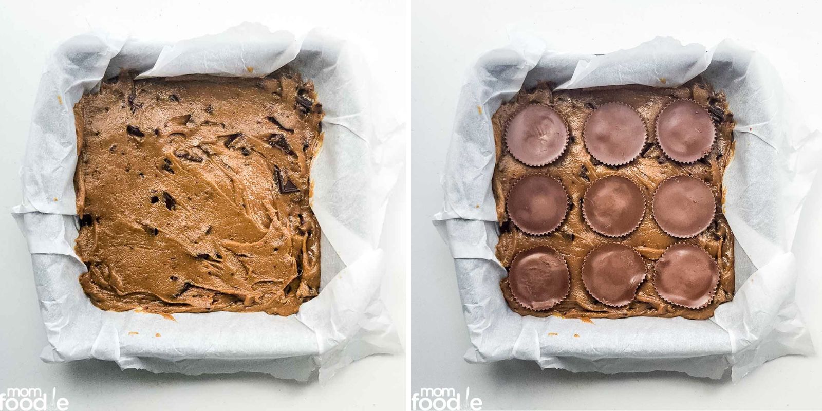 left: blondie dough spread out in prepared baking dish
right: Reese's peanut butter cups pressed into batter