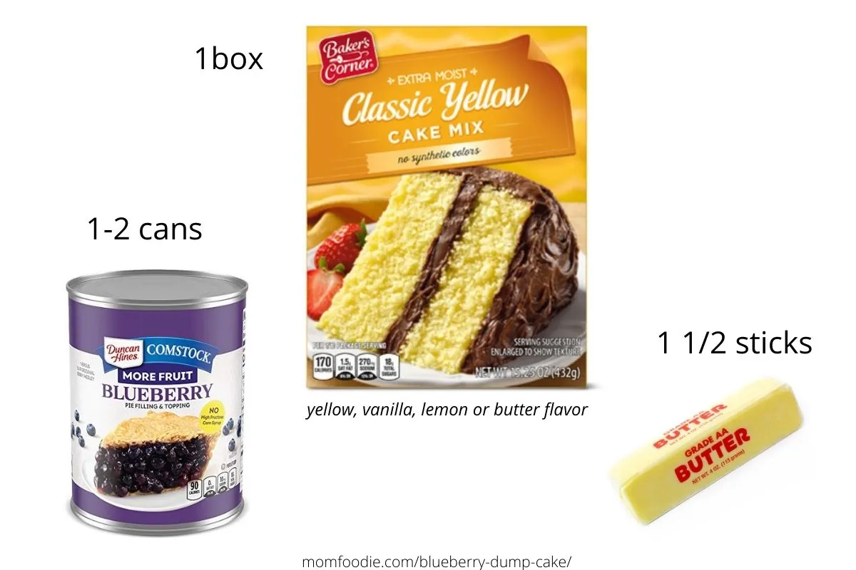 blueberry dump cake ingredients; blueberry pie filling, yellow, lemon or white cake mix and butter