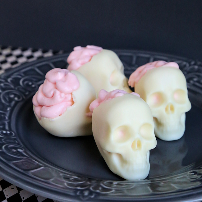 brain dessert in skull white chocolate