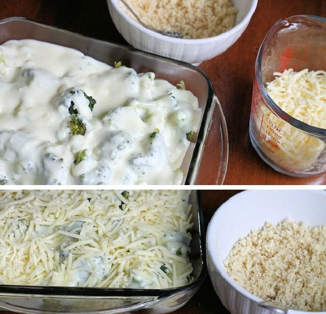 assembling the cheesy broccoli  gratin casserole with cheese and gratin bread crumbs on top.