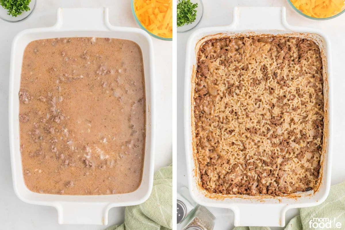 ground beef mixture added to casserole dish and the cooked rice and meat after baking.
