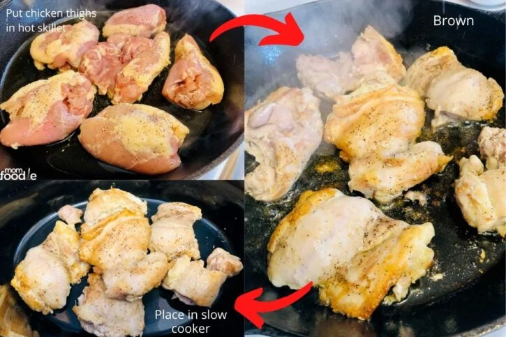 Shows the steps of browning chicken thighs in skillet then placing in slow cooker.