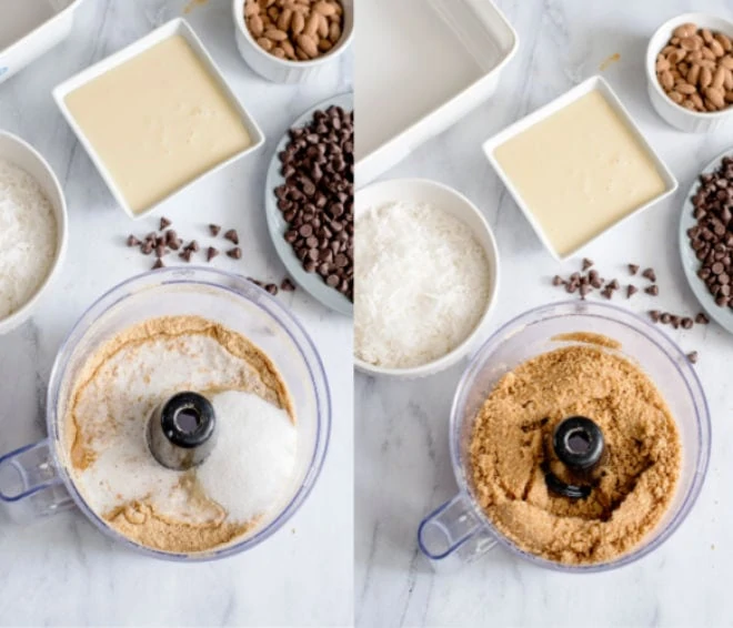 mixing graham crust in food processor.