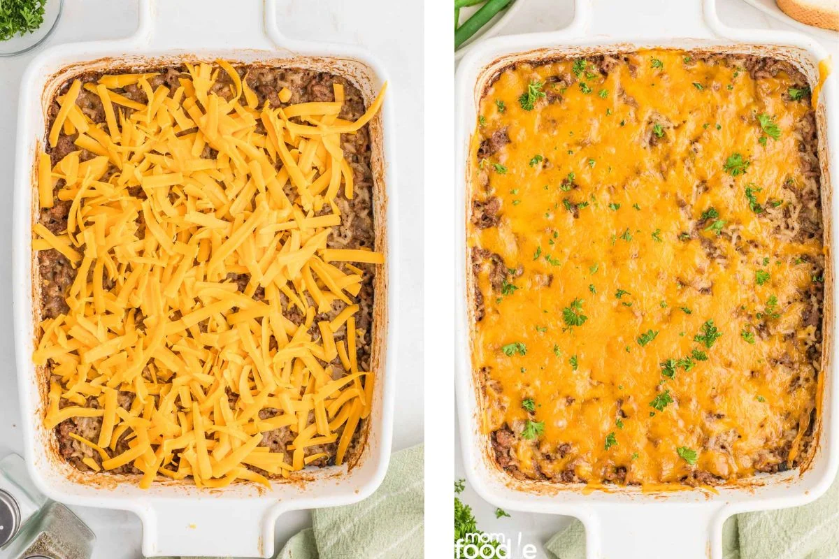 Adding cheese on the casserole and the hamburger rice casserole fully baked.