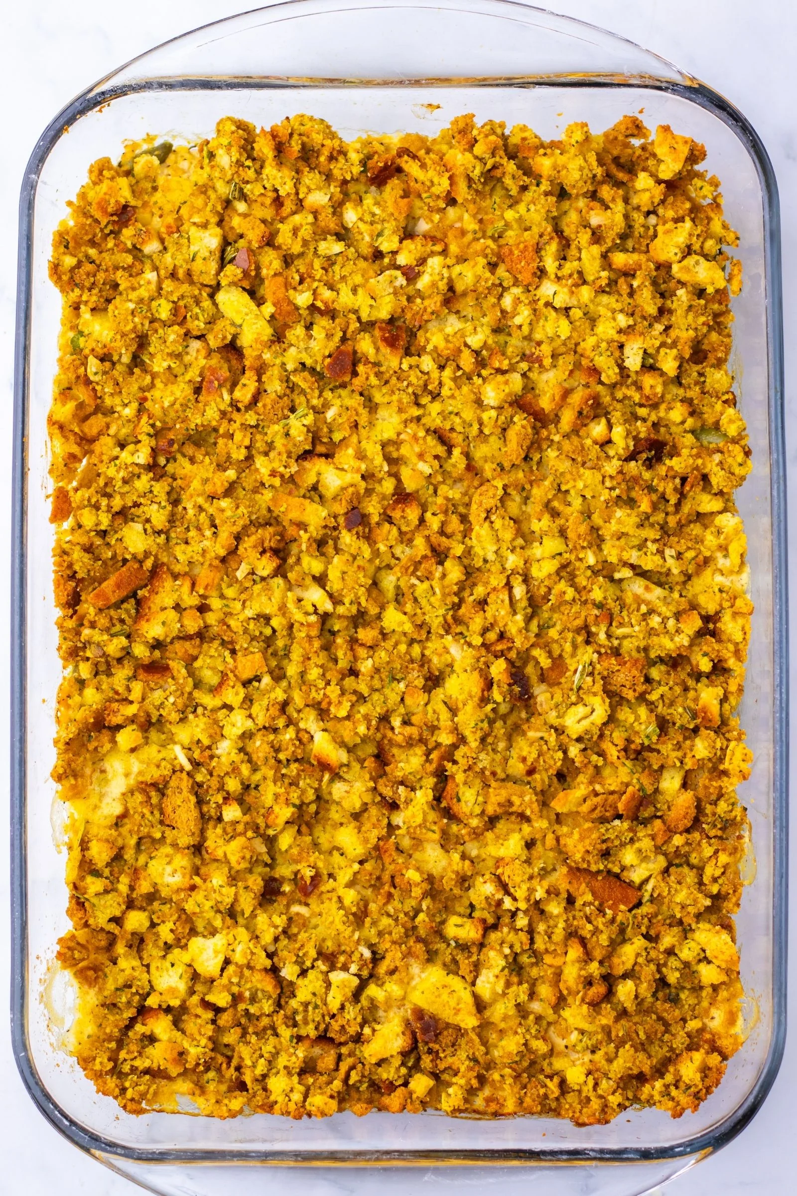 chicken and stuffing casserole crispy and browned on top