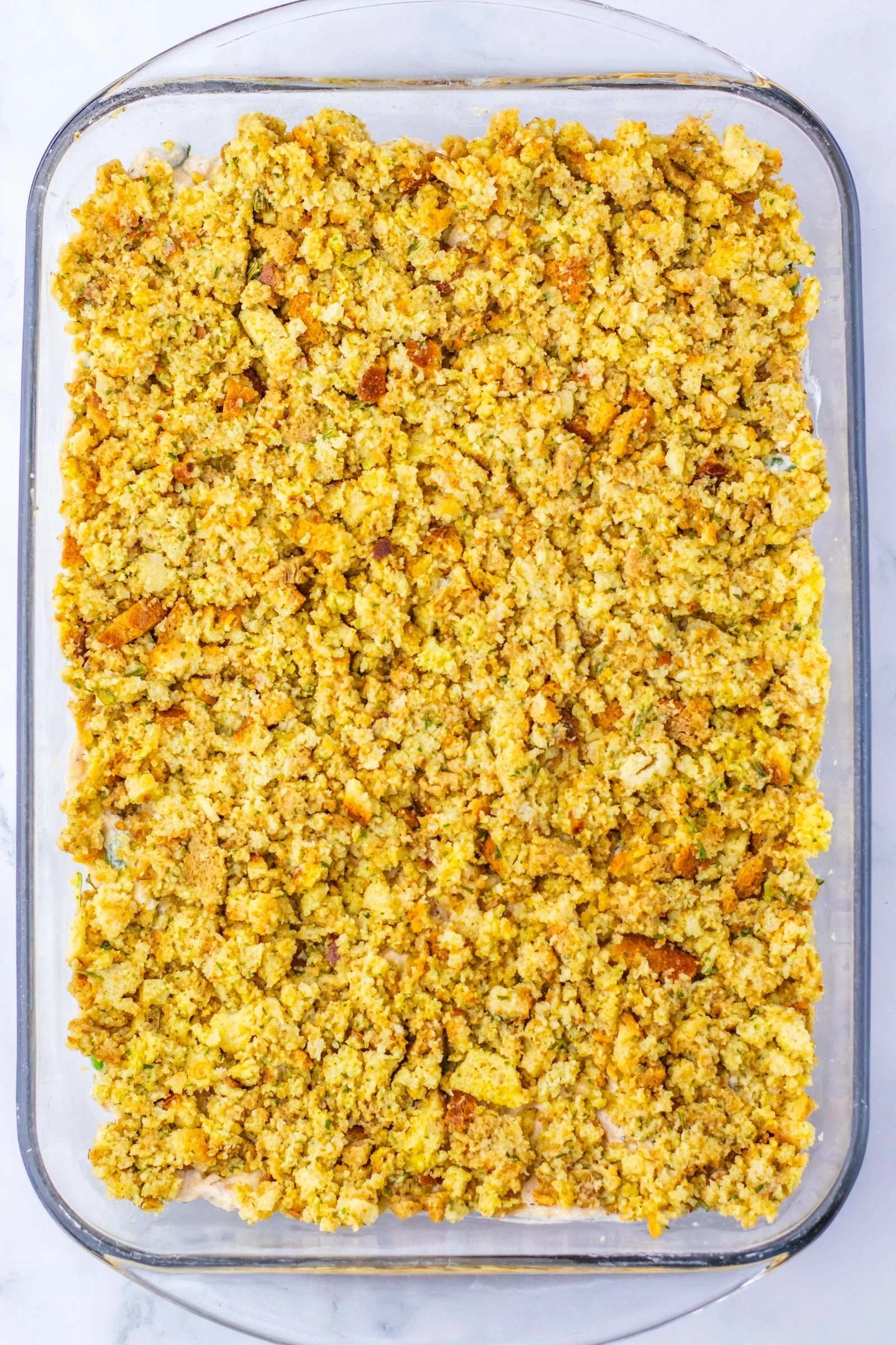 chicken and stuffing casserole ready for oven