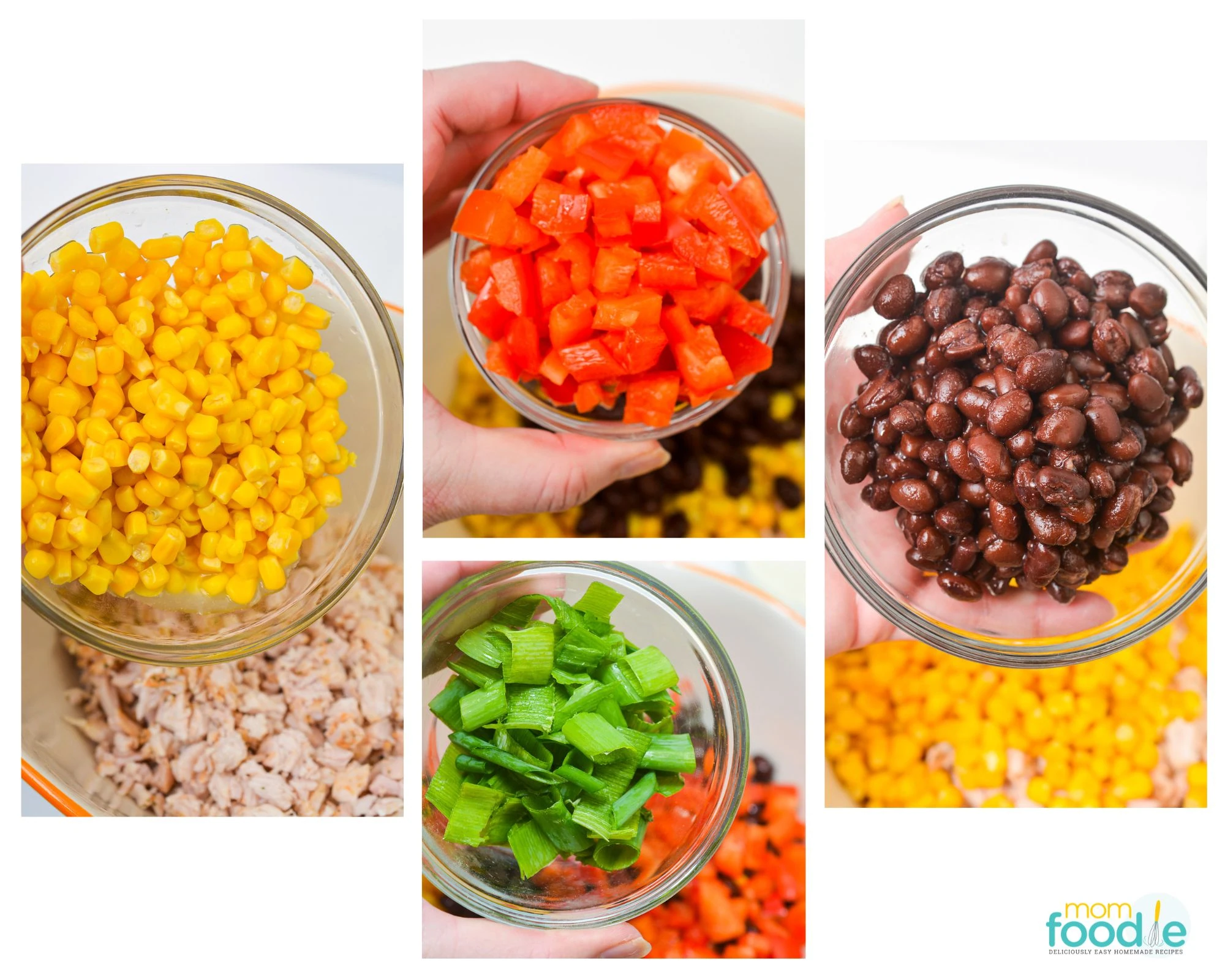 chicken, corn kernels, black beans, diced peppers and green onions