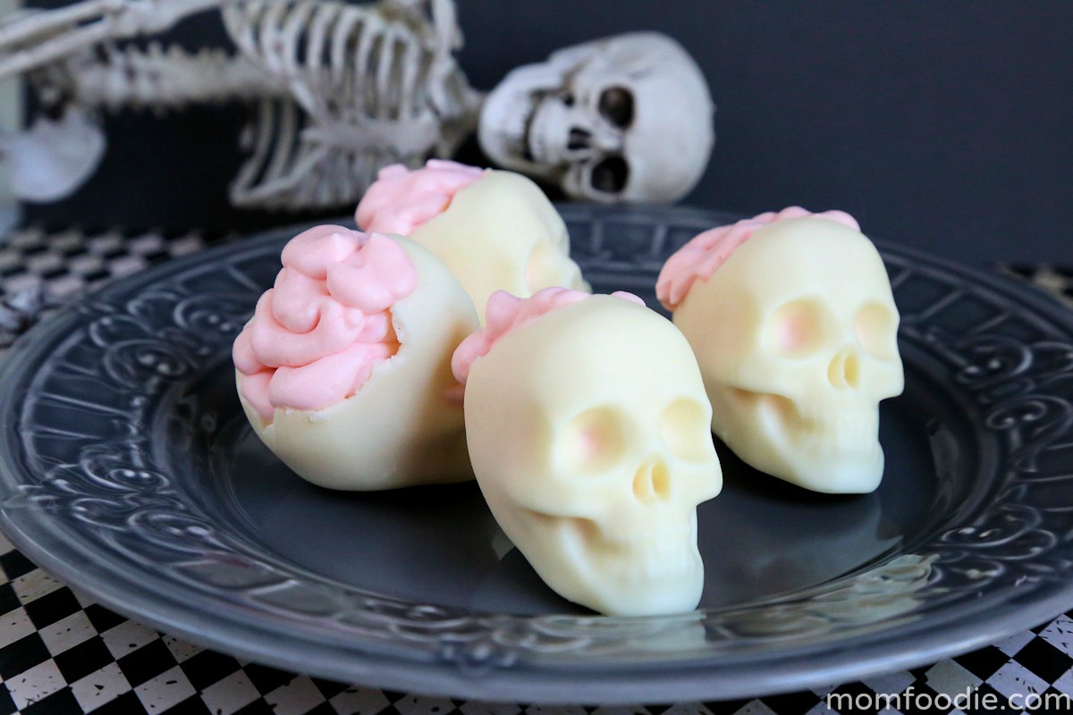 chocolate skulls with brains of pink mousse filling