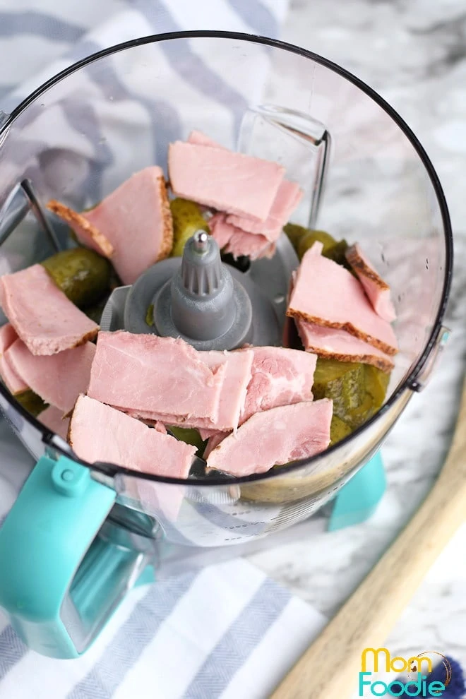 chopped pickles and ham for dip