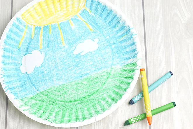 coloring grass, sun and sky on plate.