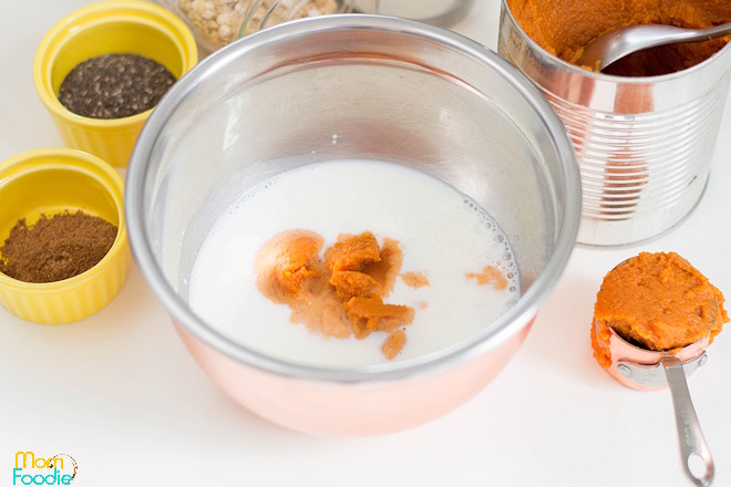 combine milk of choice and pumpkin in large bowl.