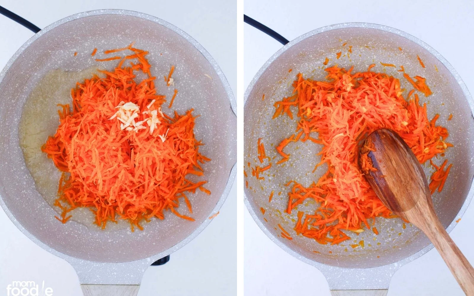 cooking the carrots with garlic in a large skillet