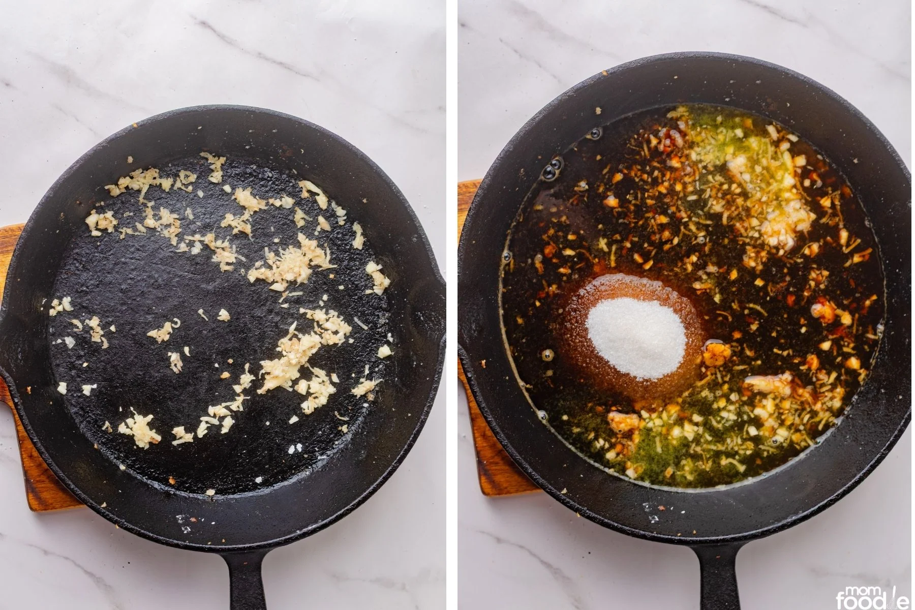 cooking garlic and ginger, next image adds remaining sauce ingredients except slurry