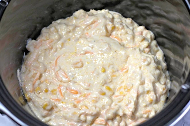 corn casserole crock pot creamy mixture ready to cook.
