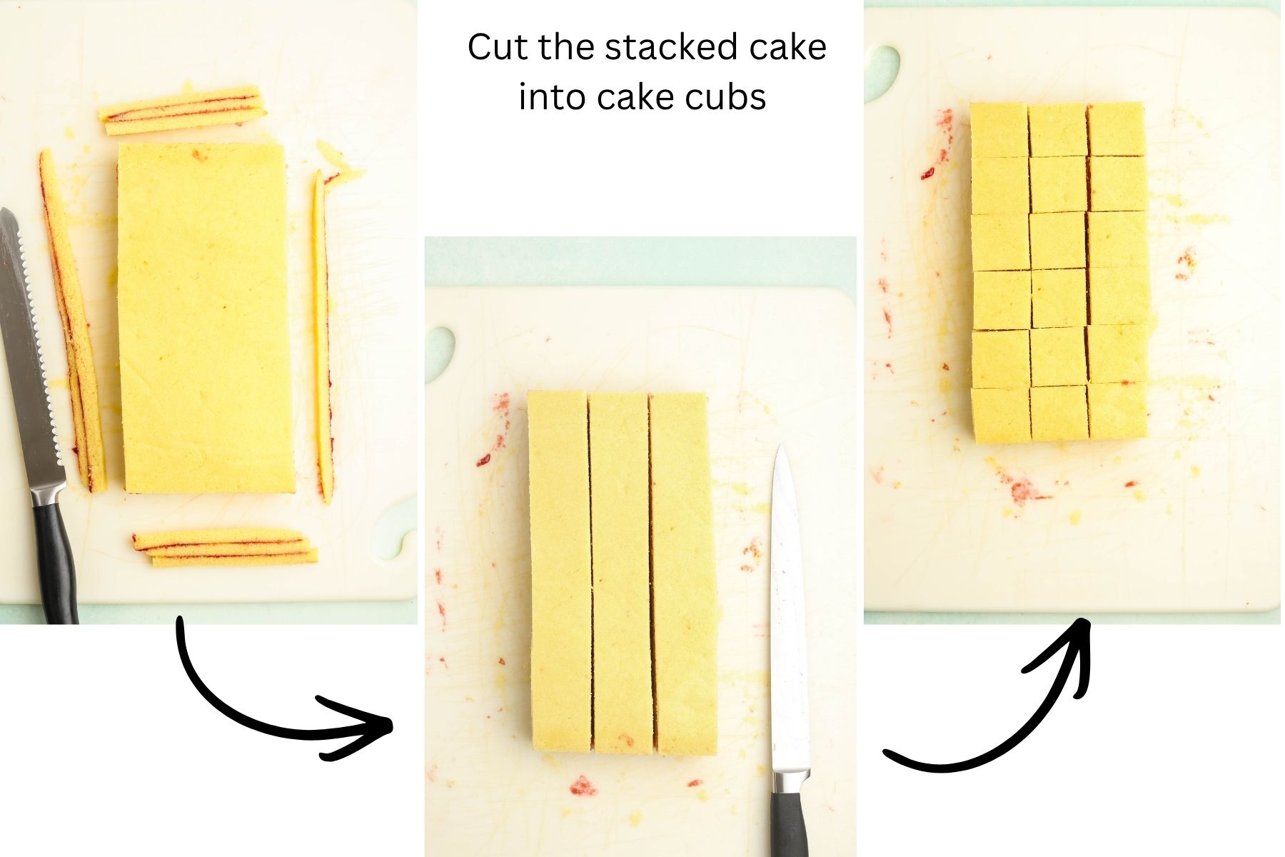 cut the stacked frozen cake into cubes to form petit fours