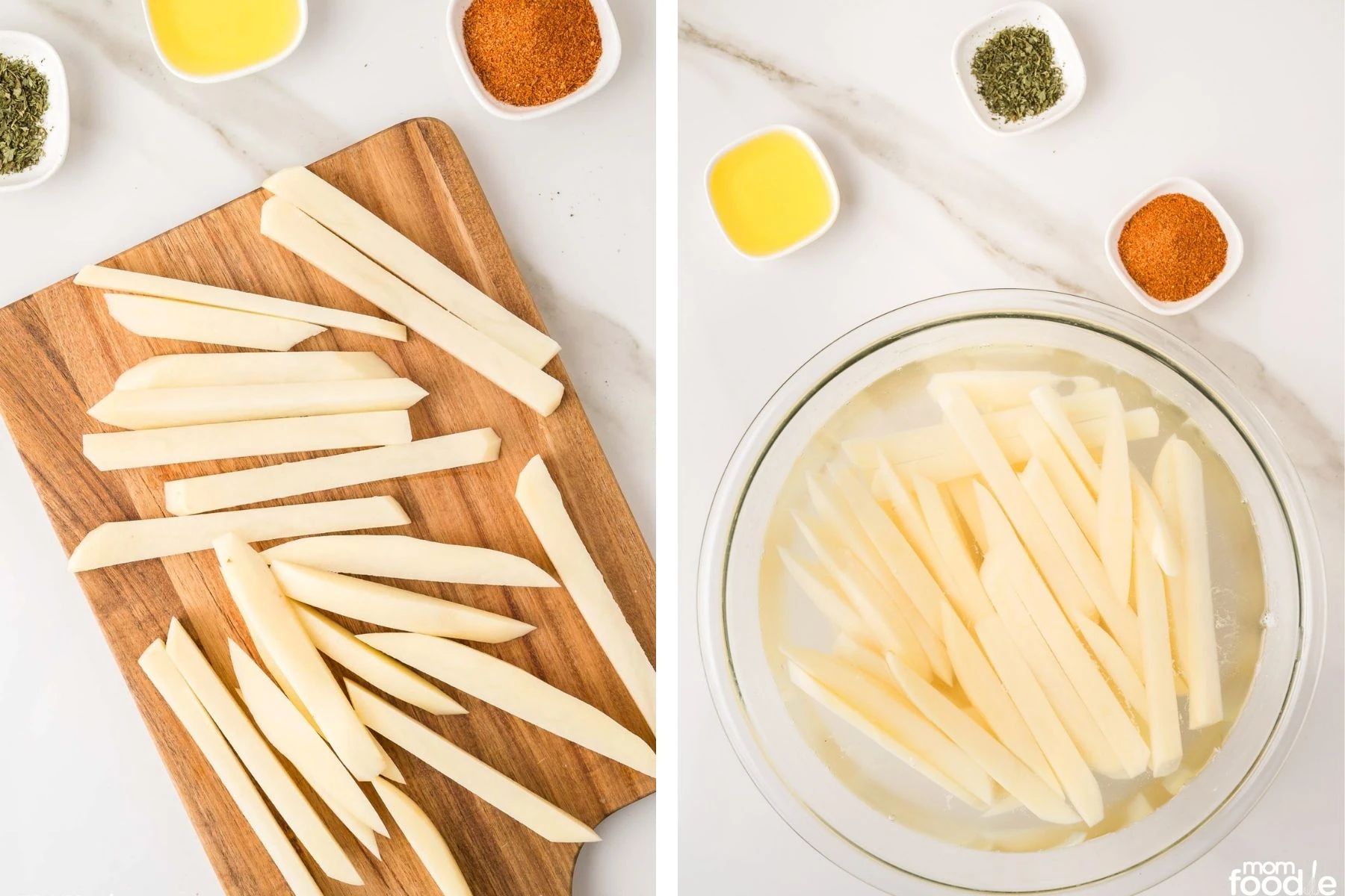 cutting potatoes for fries and soaking in water