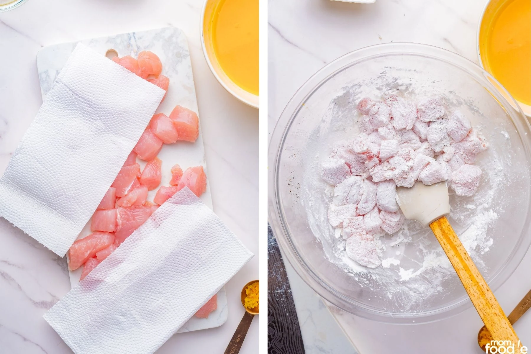 drying and coating chicken pieces with cornstarch