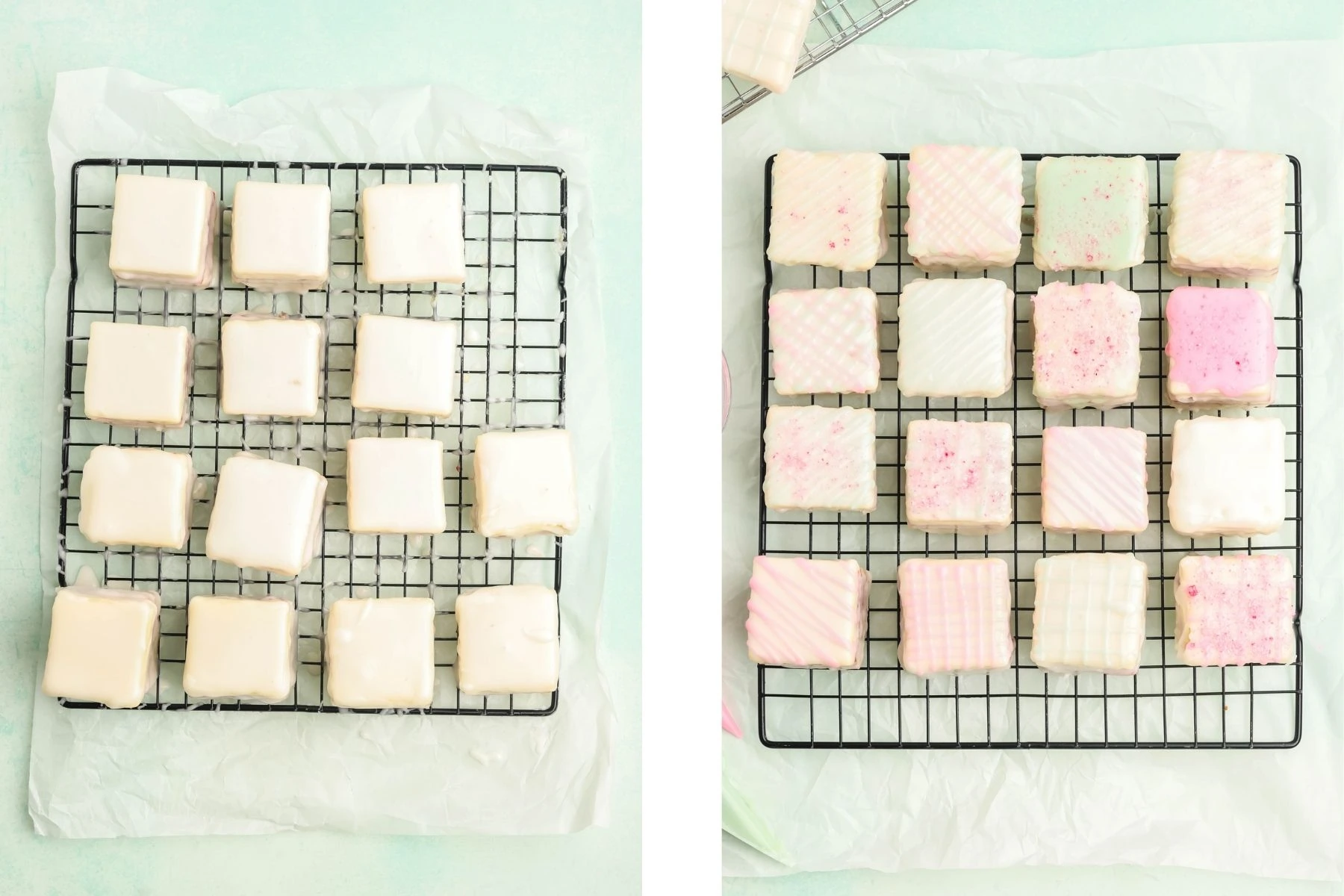 white icing on petit fours and decorated petit fours