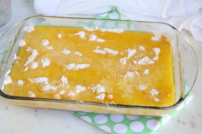 apple dump cake recipe in pan and ready to go in the oven.