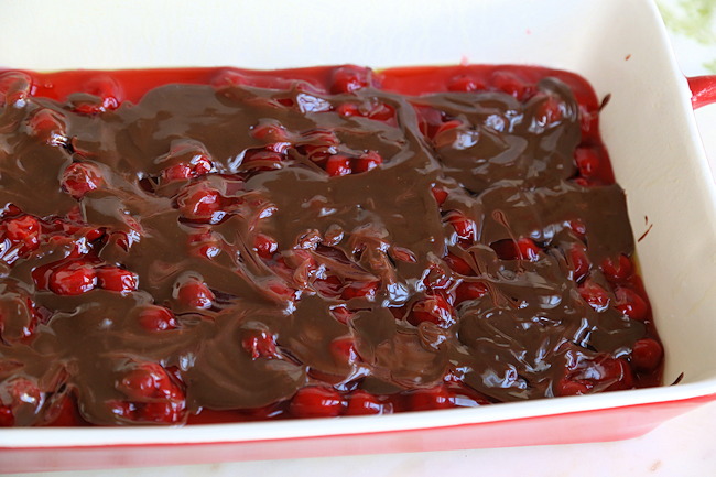 spread fudge layer over the cherry filling.