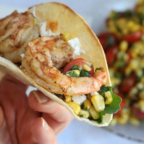 grilled Shrimp tacos with corn