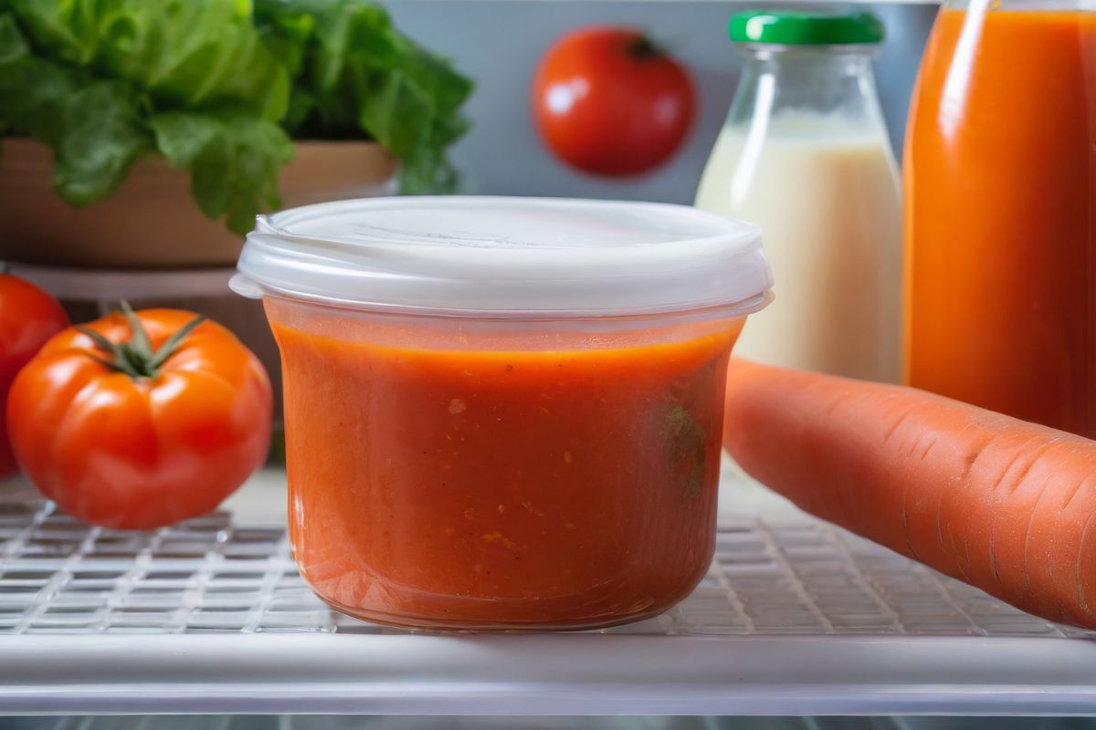 shows how to store tomato soup in plastic container in fridge.