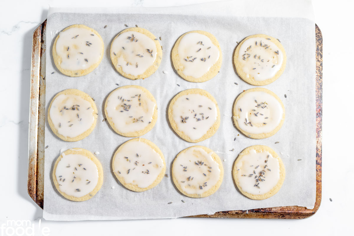 glaze covered cookies with lavender sprinkled on top