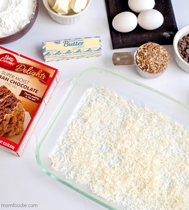 making Earthquake Cake prepping baking dish - spreading unsweetened coconut flakes on the bottom of the pan.