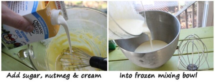 making whipped cream in frozen bowl with heavy whipping cream after mixing the the sugar and nutmeg into egg mixture.