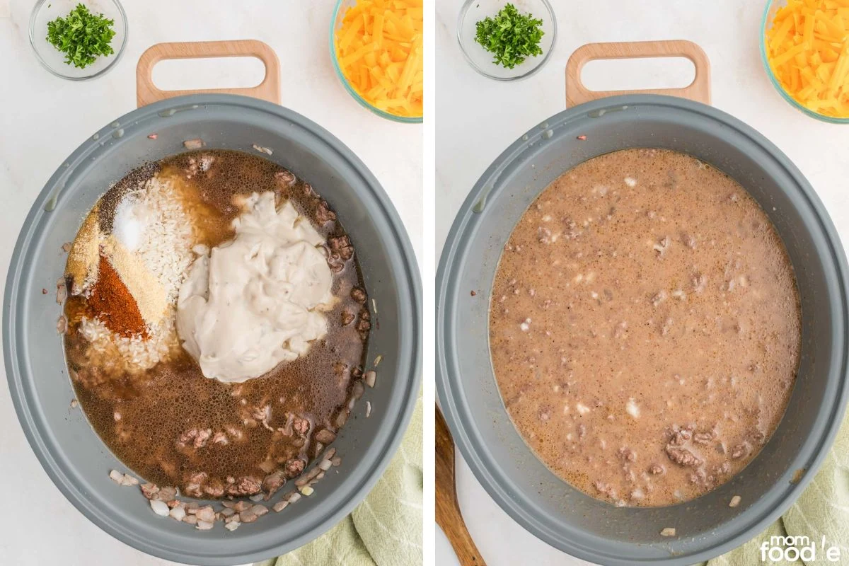Mixing browned beef and other ingredients in skillet.